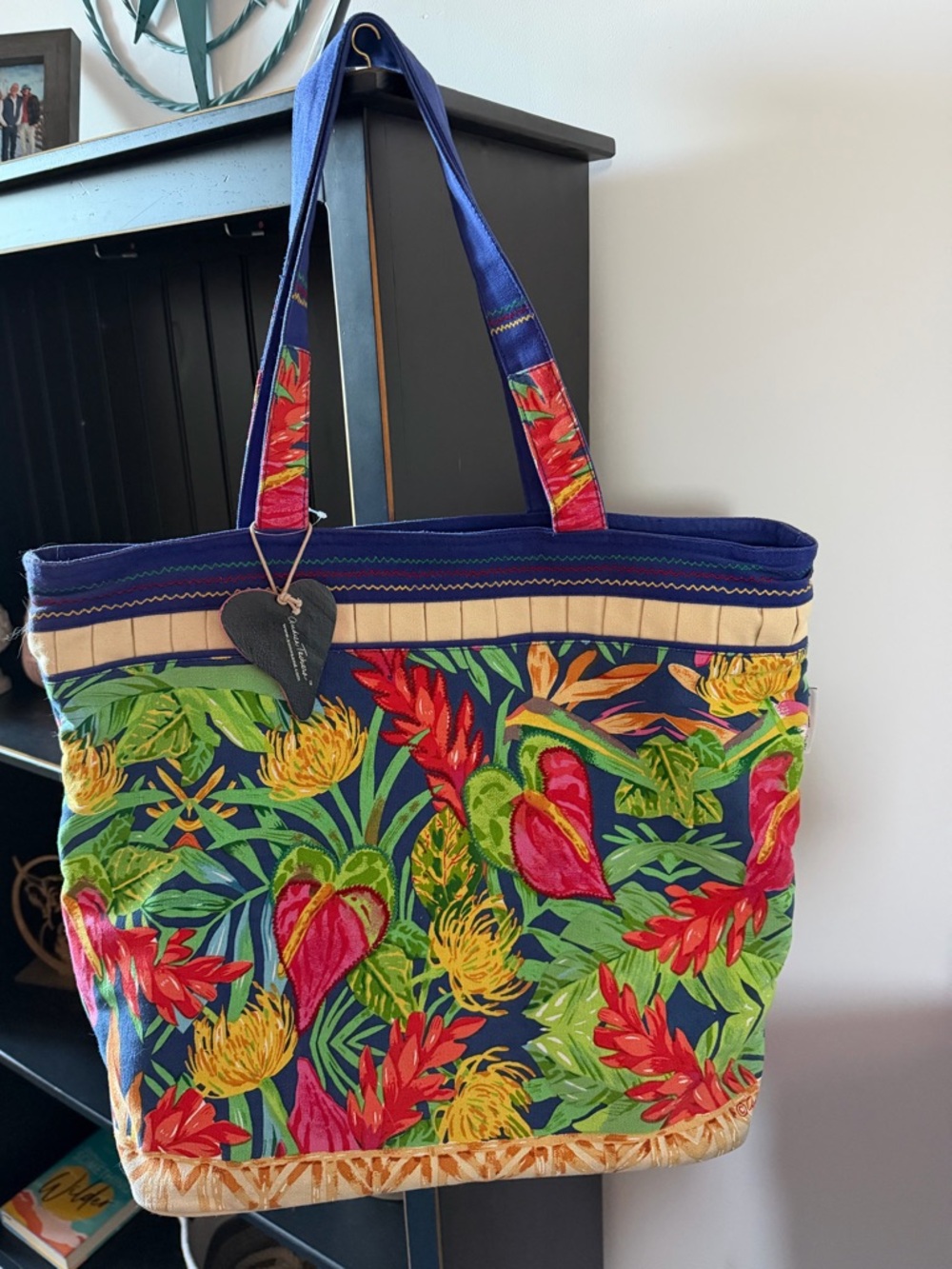 Andrea Tachiera Tropical Floral Canvas Tote Bag with Heart Charm